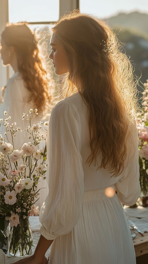 Back Shot of a Woman Arranging Flowers in Sunshine – Feminine Blogger Aesthetic (199)