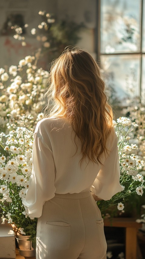 Back Shot of a Woman Arranging Flowers in Sunshine – Feminine Blogger Aesthetic (180)