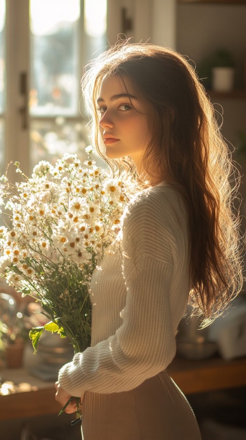 Back Shot of a Woman Arranging Flowers in Sunshine – Feminine Blogger Aesthetic (169)