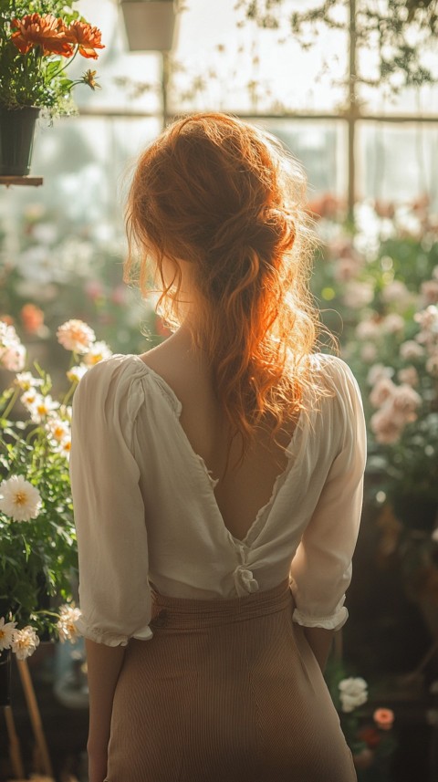 Back Shot of a Woman Arranging Flowers in Sunshine – Feminine Blogger Aesthetic (214)