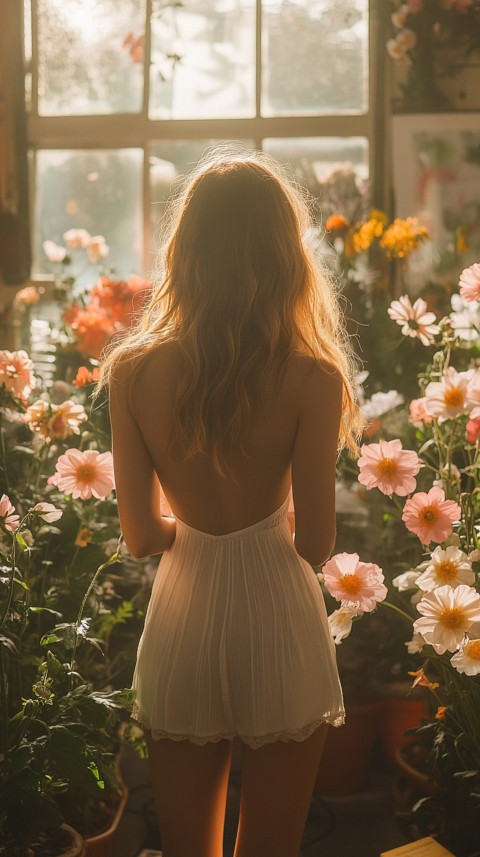 Back Shot of a Woman Arranging Flowers in Sunshine – Feminine Blogger Aesthetic (213)