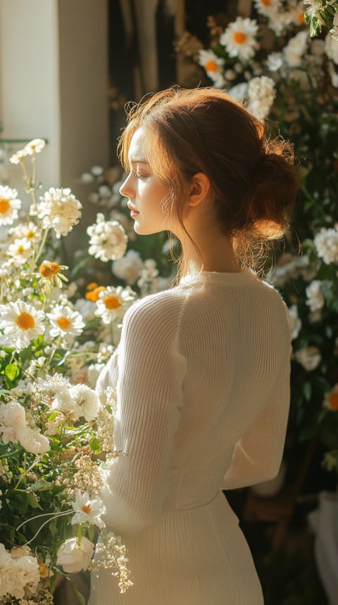 Back Shot of a Woman Arranging Flowers in Sunshine – Feminine Blogger Aesthetic (216)