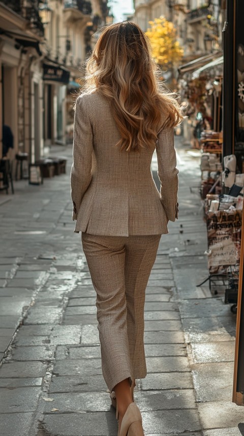 Back Shot of a Woman in Classy Corporate Attire Walking on a Sidewalk with Shops – Feminine Blogger Aesthetic (17)