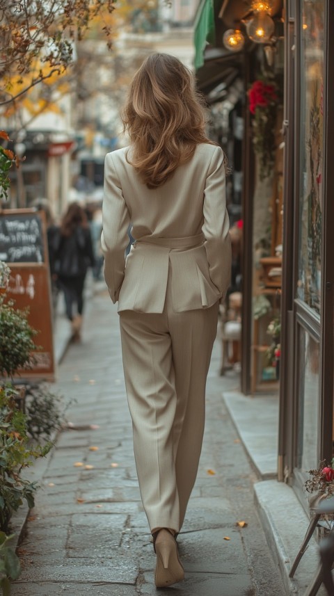 Back Shot of a Woman in Classy Corporate Attire Walking on a Sidewalk with Shops – Feminine Blogger Aesthetic (66)