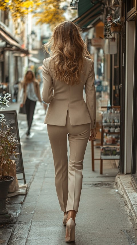 Back Shot of a Woman in Classy Corporate Attire Walking on a Sidewalk with Shops – Feminine Blogger Aesthetic (63)