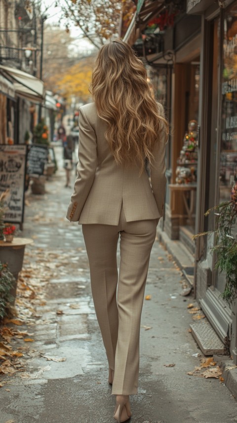 Back Shot of a Woman in Classy Corporate Attire Walking on a Sidewalk with Shops – Feminine Blogger Aesthetic (47)