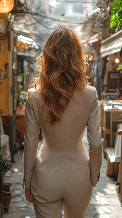 Back Shot of a Woman in Classy Corporate Attire Walking on a Sidewalk with Shops – Feminine Blogger Aesthetic (38)