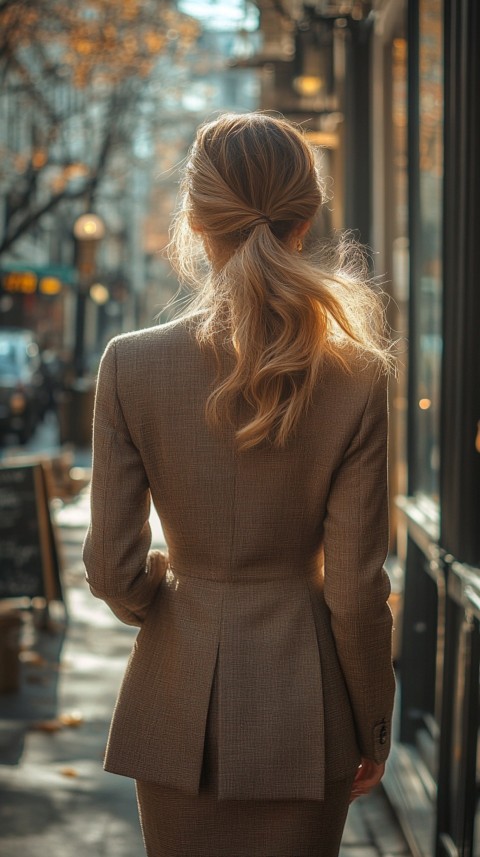 Back Shot of a Woman in Classy Corporate Attire Walking on a Sidewalk with Shops – Feminine Blogger Aesthetic (54)