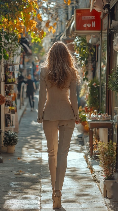 Back Shot of a Woman in Classy Corporate Attire Walking on a Sidewalk with Shops – Feminine Blogger Aesthetic (71)