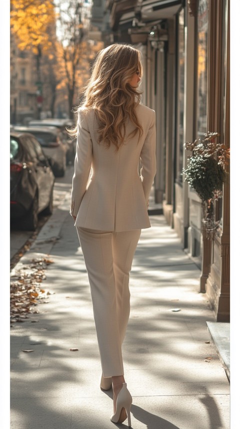 Back Shot of a Woman in Classy Corporate Attire Walking on a Sidewalk with Shops – Feminine Blogger Aesthetic (118)