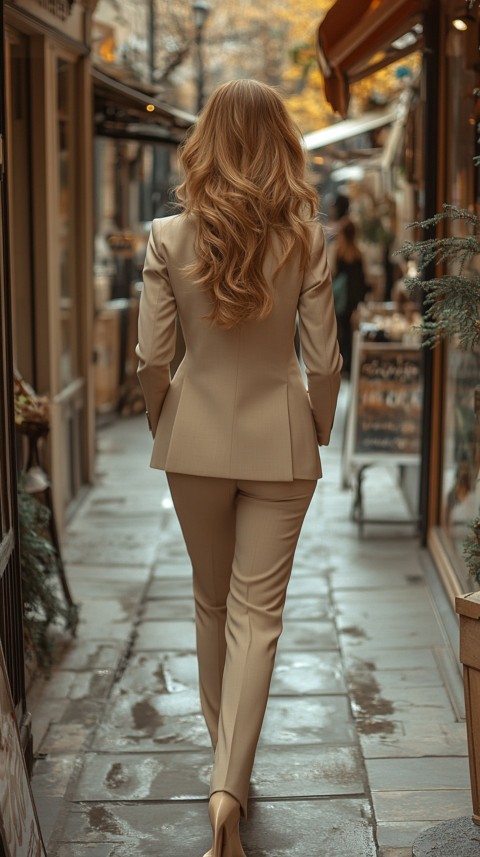 Back Shot of a Woman in Classy Corporate Attire Walking on a Sidewalk with Shops – Feminine Blogger Aesthetic (125)