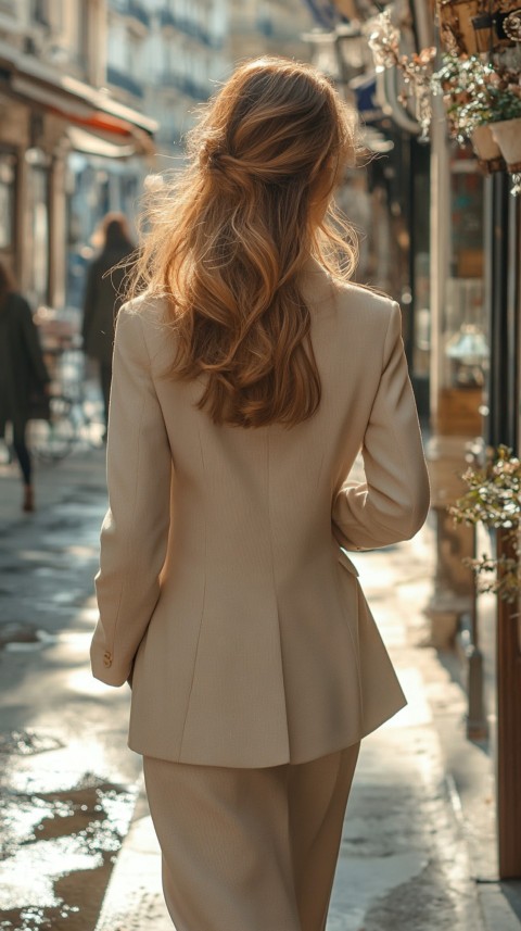 Back Shot of a Woman in Classy Corporate Attire Walking on a Sidewalk with Shops – Feminine Blogger Aesthetic (117)