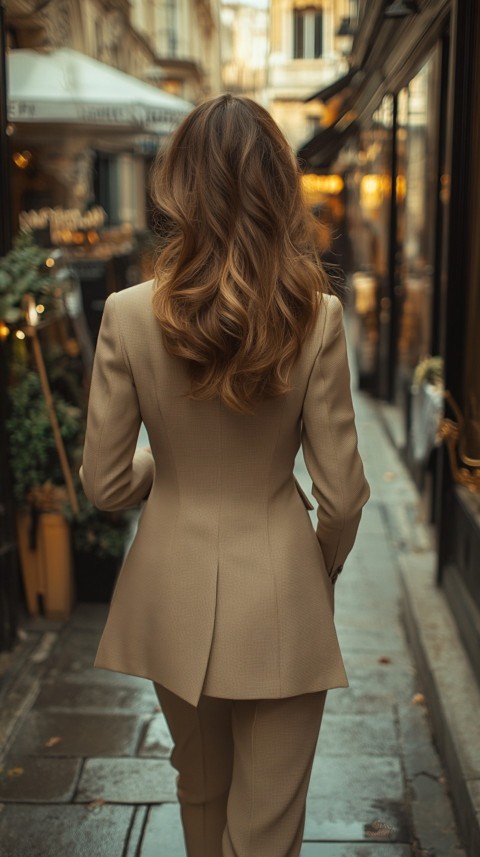 Back Shot of a Woman in Classy Corporate Attire Walking on a Sidewalk with Shops – Feminine Blogger Aesthetic (130)