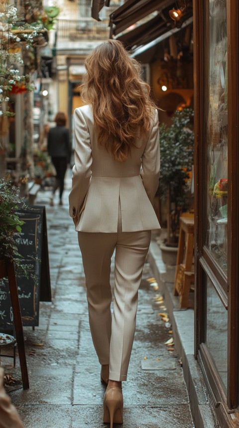 Back Shot of a Woman in Classy Corporate Attire Walking on a Sidewalk with Shops – Feminine Blogger Aesthetic (122)