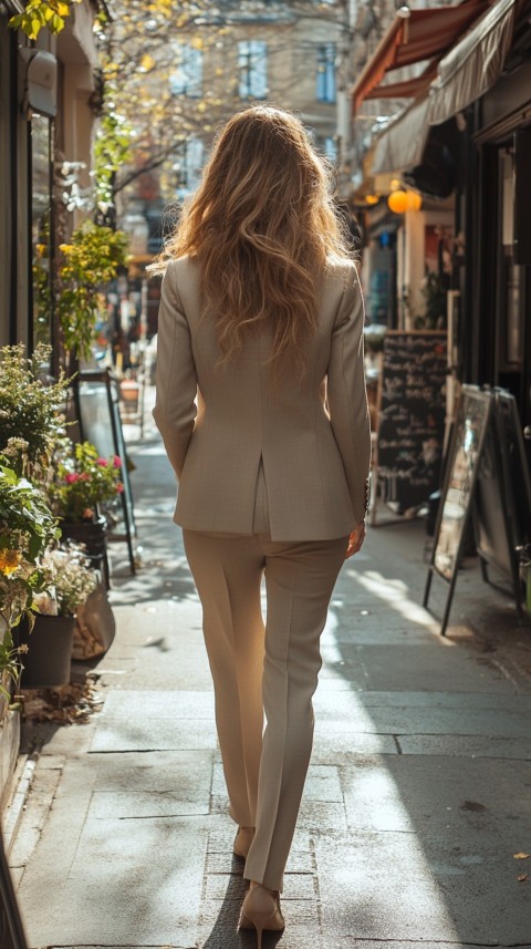 Back Shot of a Woman in Classy Corporate Attire Walking on a Sidewalk with Shops – Feminine Blogger Aesthetic (138)