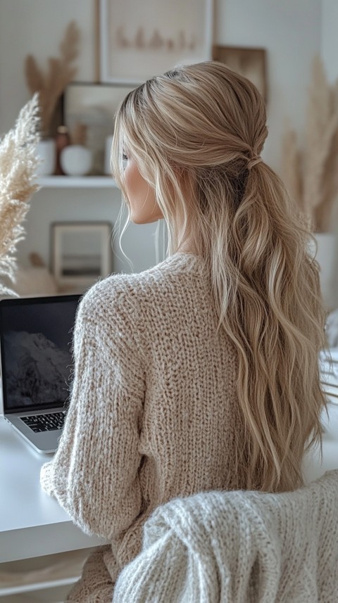 Back Shot of a Woman in Front of a Laptop on a White Desk – Feminine Blogger Aesthetic (11)