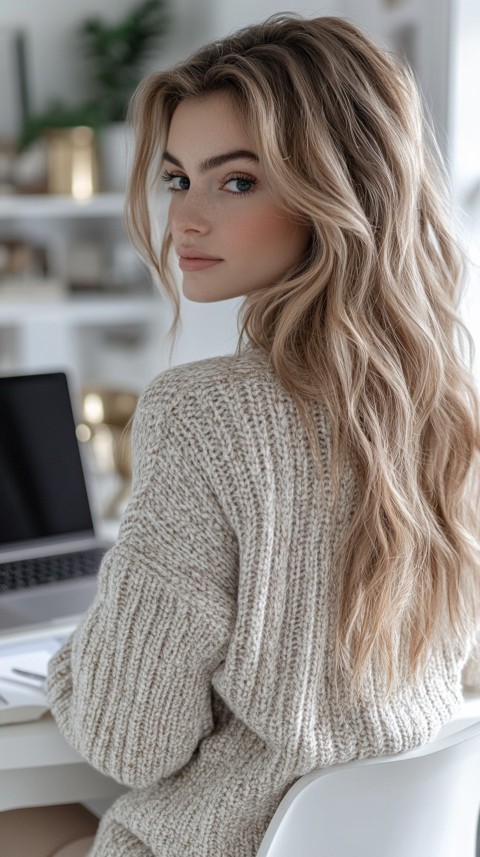 Back Shot of a Woman in Front of a Laptop on a White Desk – Feminine Blogger Aesthetic (3)