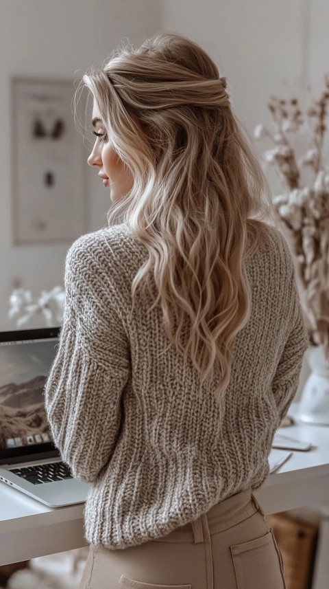 Back Shot of a Woman in Front of a Laptop on a White Desk – Feminine Blogger Aesthetic (32)