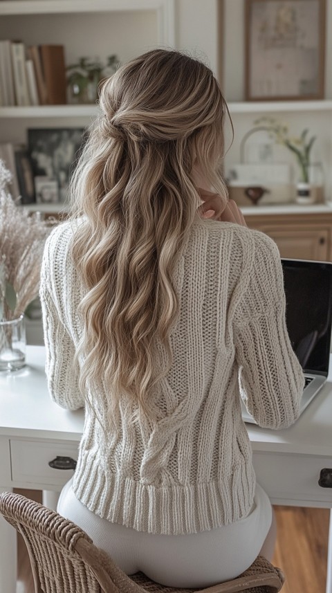 Back Shot of a Woman in Front of a Laptop on a White Desk – Feminine Blogger Aesthetic (48)