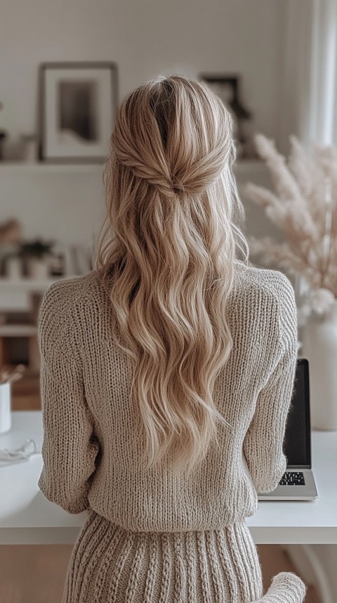 Back Shot of a Woman in Front of a Laptop on a White Desk – Feminine Blogger Aesthetic (46)