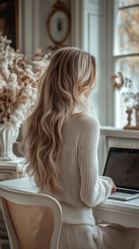 Back Shot of a Woman in Front of a Laptop on a White Desk – Feminine Blogger Aesthetic (36)