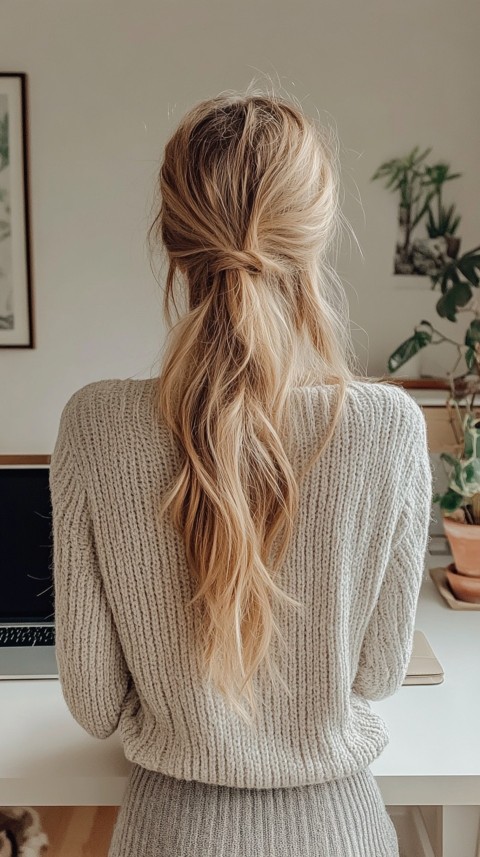 Back Shot of a Woman in Front of a Laptop on a White Desk – Feminine Blogger Aesthetic (50)