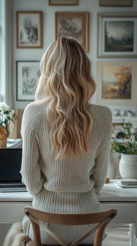 Back Shot of a Woman in Front of a Laptop on a White Desk – Feminine Blogger Aesthetic (40)