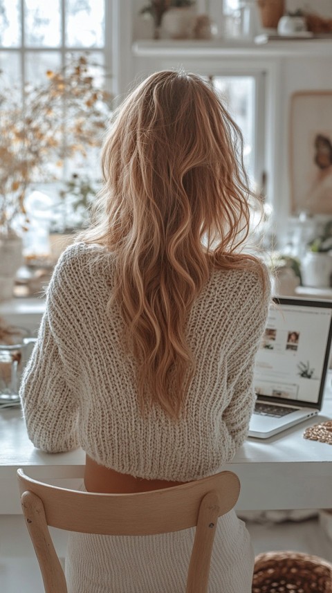 Back Shot of a Woman in Front of a Laptop on a White Desk – Feminine Blogger Aesthetic (34)