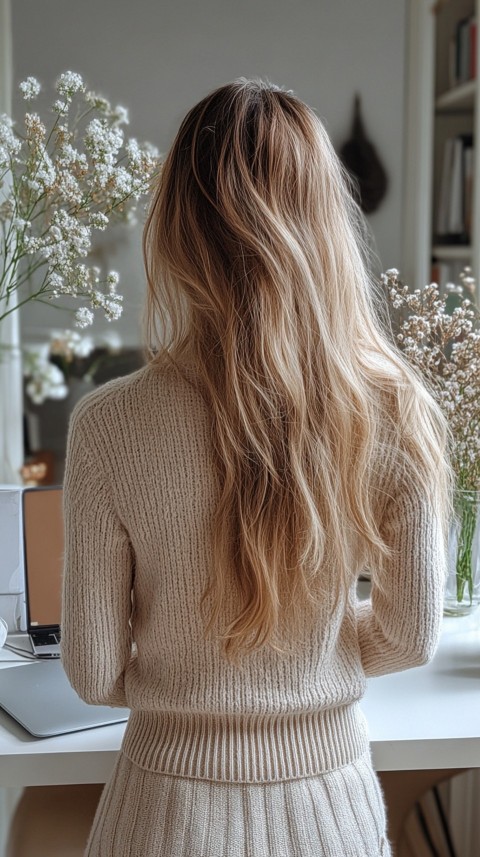 Back Shot of a Woman in Front of a Laptop on a White Desk – Feminine Blogger Aesthetic (27)