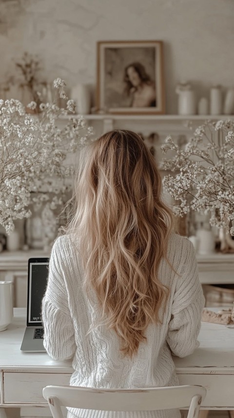 Back Shot of a Woman in Front of a Laptop on a White Desk – Feminine Blogger Aesthetic (69)