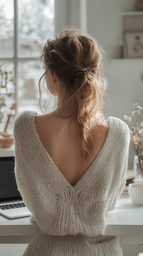 Back Shot of a Woman in Front of a Laptop on a White Desk – Feminine Blogger Aesthetic (74)