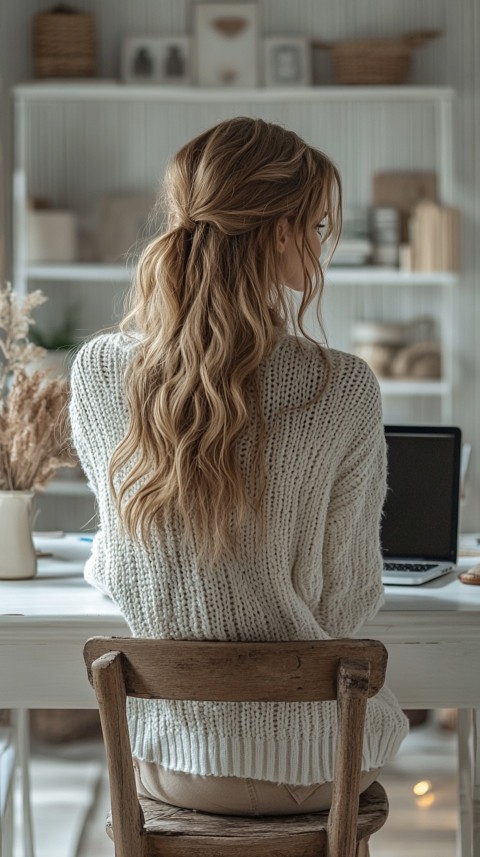 Back Shot of a Woman in Front of a Laptop on a White Desk – Feminine Blogger Aesthetic (60)