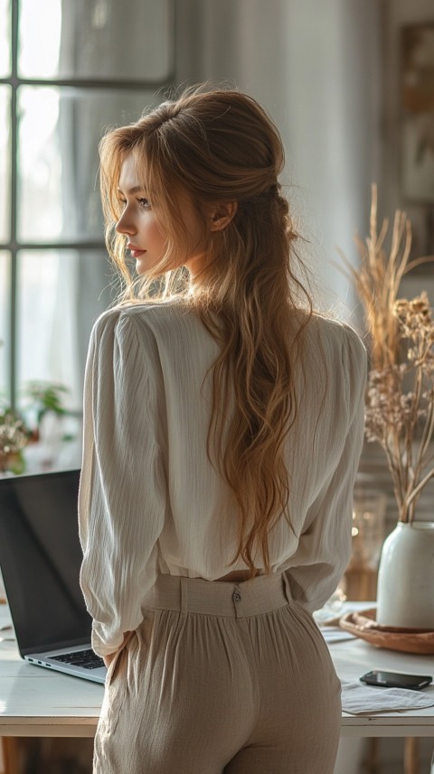 Back Shot of a Woman in Front of a Laptop on a White Desk – Feminine Blogger Aesthetic (79)