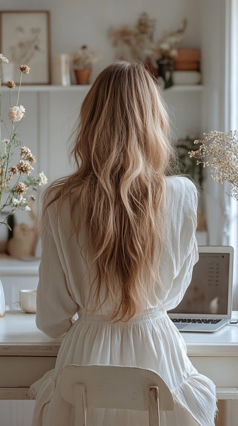 Back Shot of a Woman in Front of a Laptop on a White Desk – Feminine Blogger Aesthetic (57)