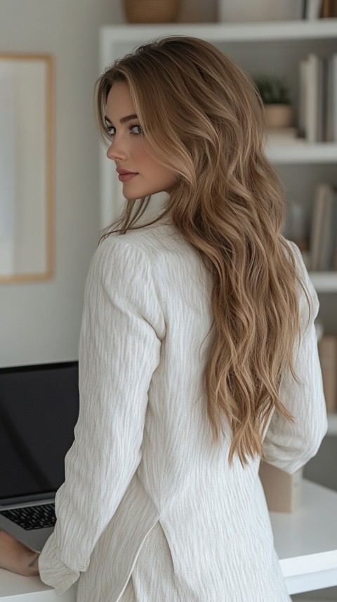 Back Shot of a Woman in Front of a Laptop on a White Desk – Feminine Blogger Aesthetic (109)