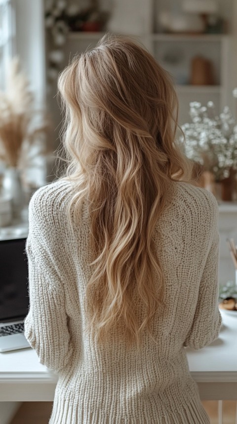 Back Shot of a Woman in Front of a Laptop on a White Desk – Feminine Blogger Aesthetic (99)