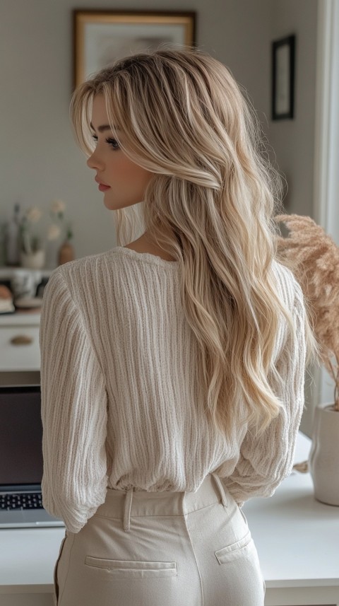 Back Shot of a Woman in Front of a Laptop on a White Desk – Feminine Blogger Aesthetic (94)