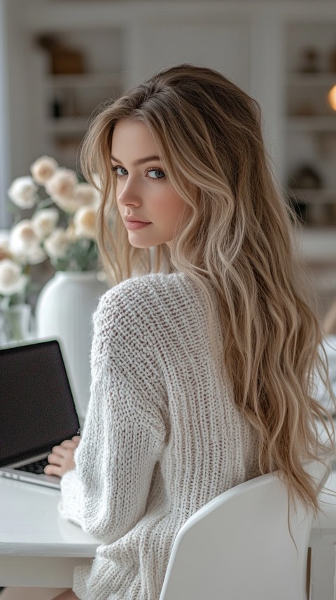 Back Shot of a Woman in Front of a Laptop on a White Desk – Feminine Blogger Aesthetic (105)