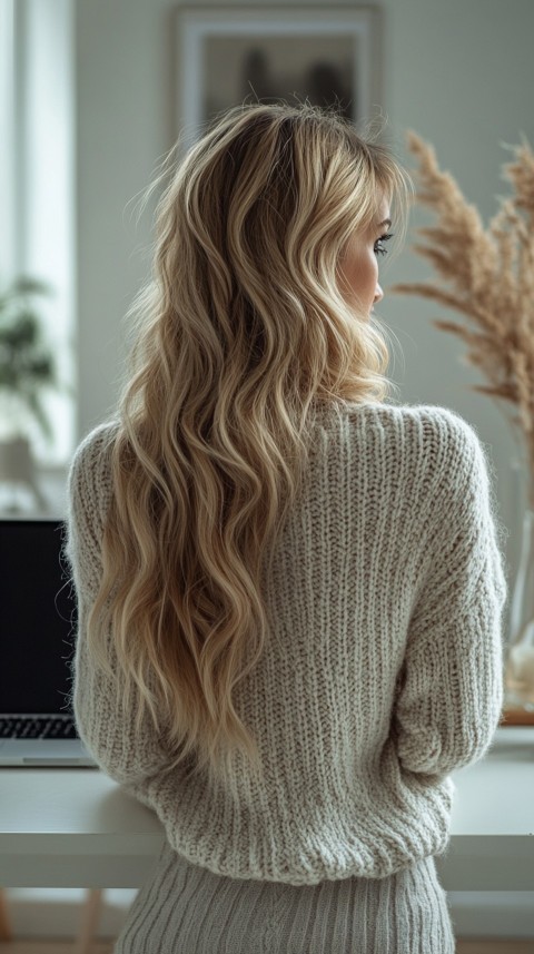 Back Shot of a Woman in Front of a Laptop on a White Desk – Feminine Blogger Aesthetic (95)