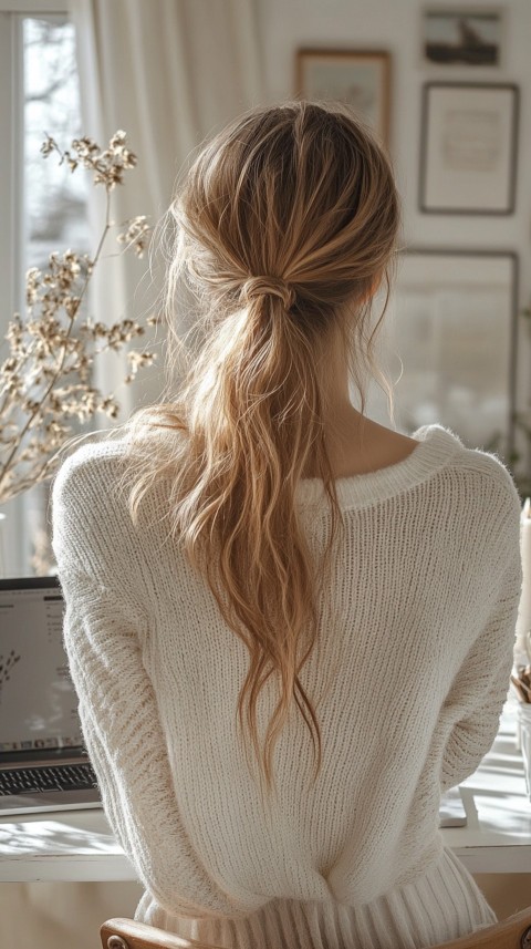 Back Shot of a Woman in Front of a Laptop on a White Desk – Feminine Blogger Aesthetic (86)