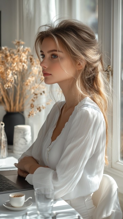 Back Shot of a Woman in Front of a Laptop on a White Desk – Feminine Blogger Aesthetic (116)