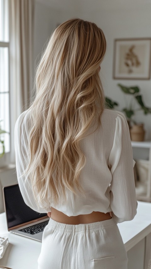 Back Shot of a Woman in Front of a Laptop on a White Desk – Feminine Blogger Aesthetic (129)