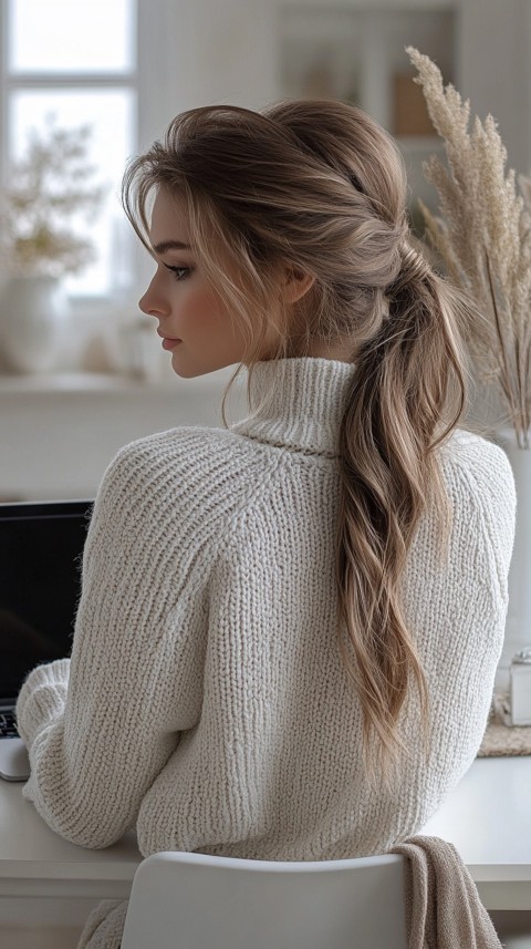 Back Shot of a Woman in Front of a Laptop on a White Desk – Feminine Blogger Aesthetic (115)