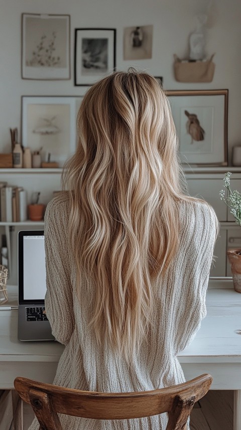 Back Shot of a Woman in Front of a Laptop on a White Desk – Feminine Blogger Aesthetic (121)