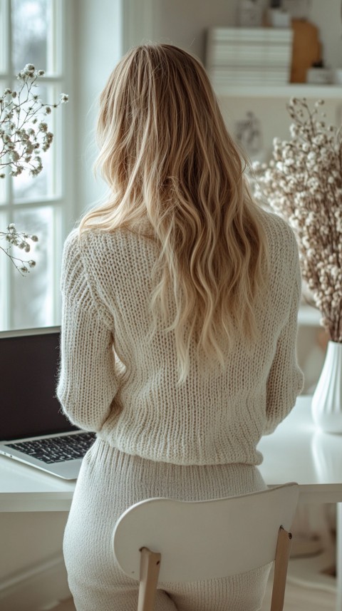 Back Shot of a Woman in Front of a Laptop on a White Desk – Feminine Blogger Aesthetic (167)