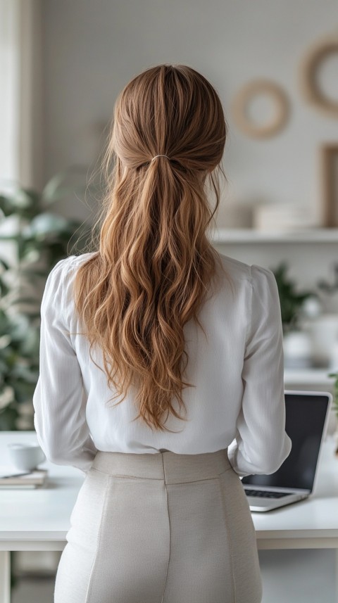 Back Shot of a Woman in Front of a Laptop on a White Desk – Feminine Blogger Aesthetic (189)