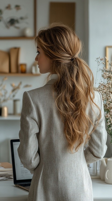 Back Shot of a Woman in Front of a Laptop on a White Desk – Feminine Blogger Aesthetic (184)