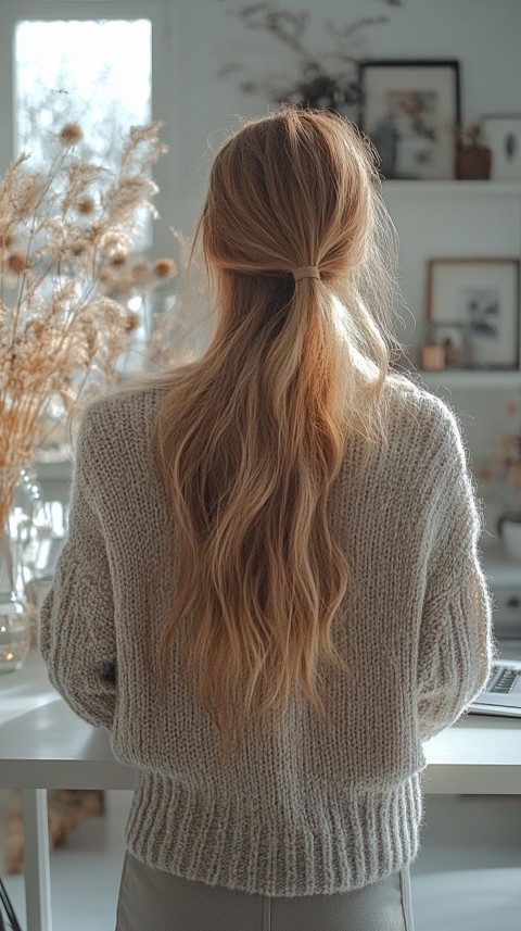 Back Shot of a Woman in Front of a Laptop on a White Desk – Feminine Blogger Aesthetic (201)