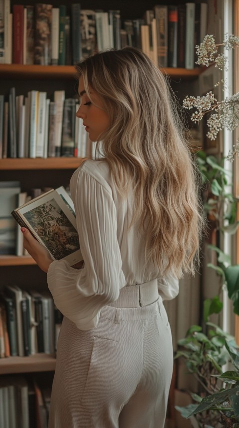 Back Shot of a Woman Reaching for a Book on a Shelf – Feminine Blogger Aesthetic (3)