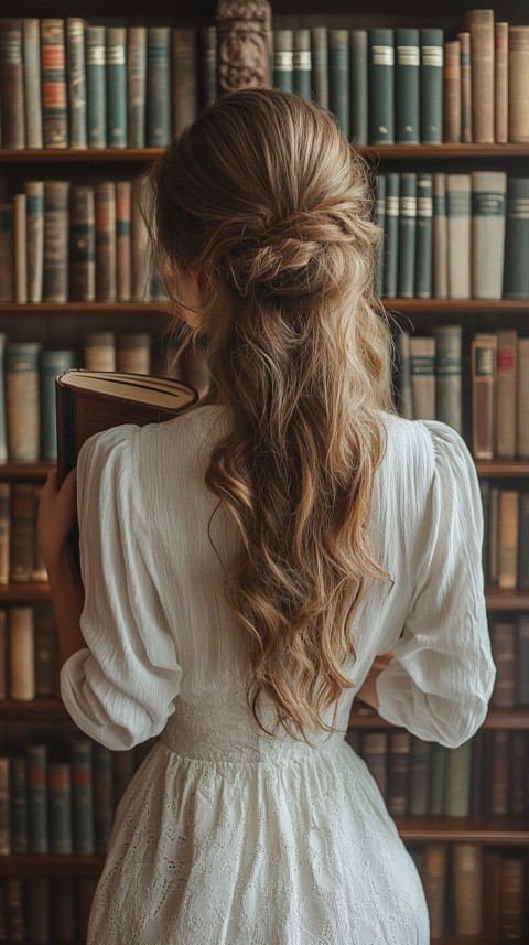 Back Shot of a Woman Reaching for a Book on a Shelf – Feminine Blogger Aesthetic (2)